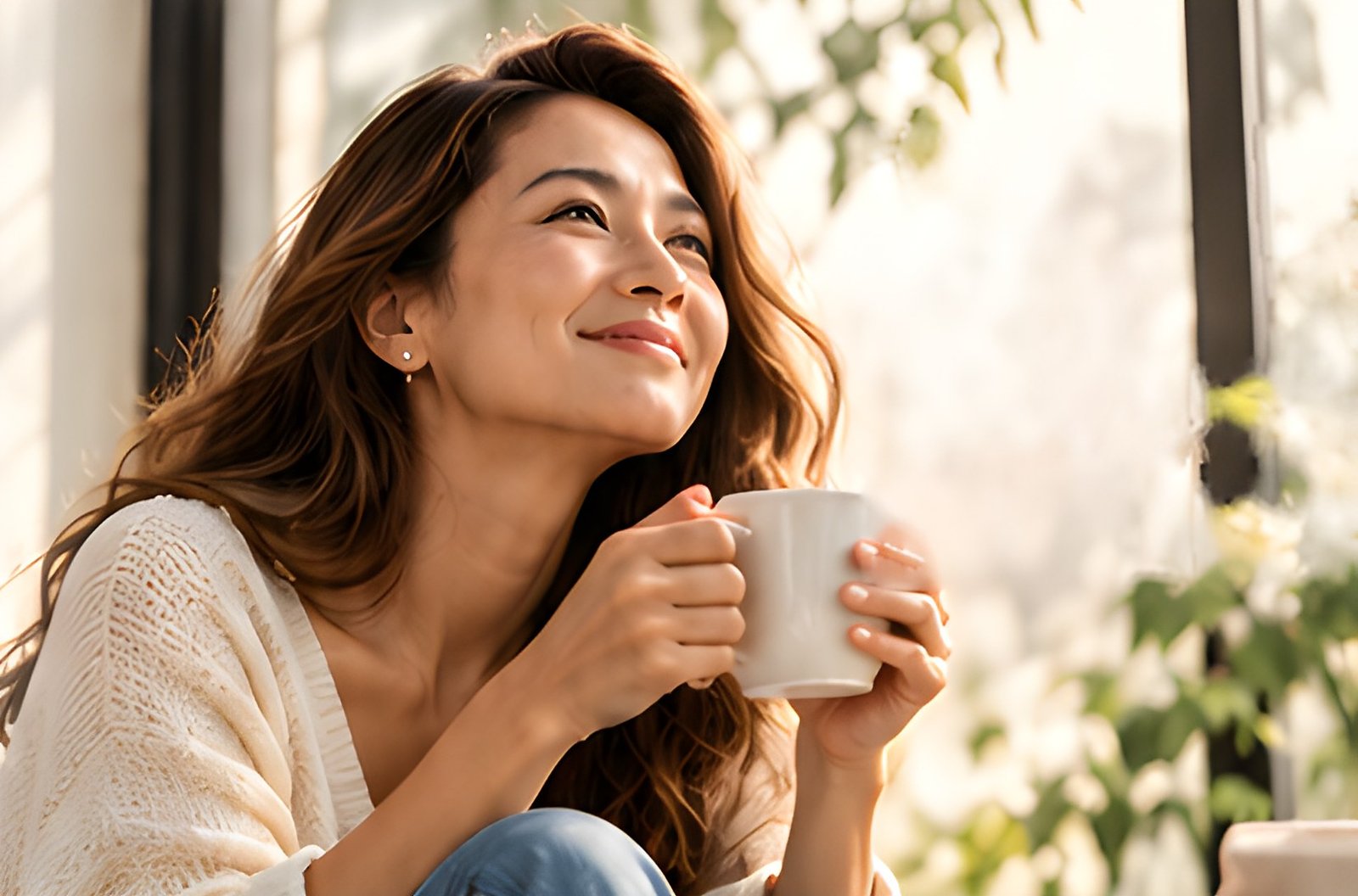 A woman smiling with a cup of coffee by the window